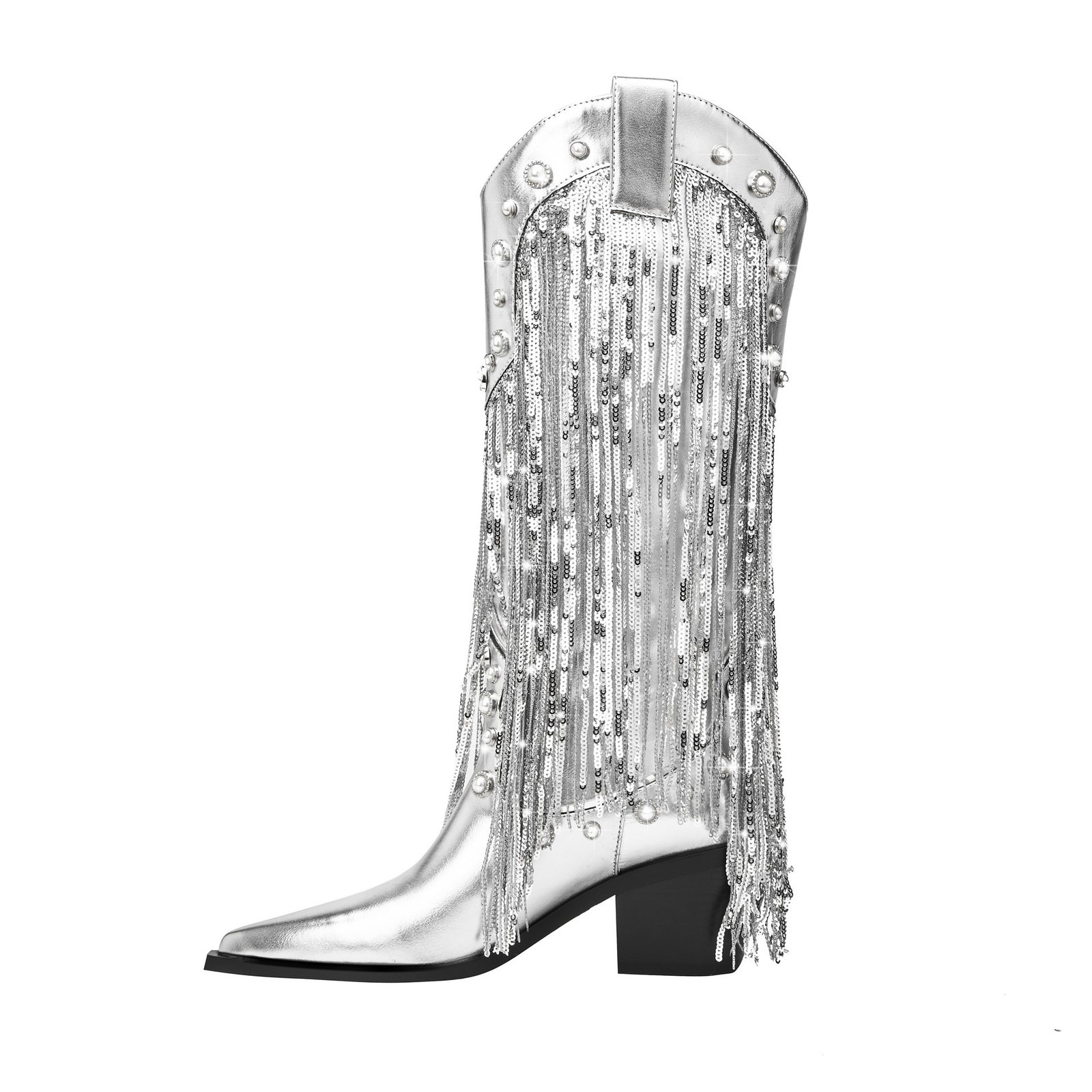Sequin Tassel Pointed Sleeve High Leg Boot