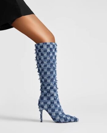 Chessboard Plaid Denim Blue Cloth Women's Boots