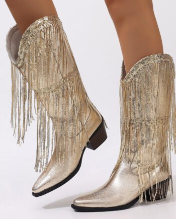 European And American Fashion Middle Fashion Boots Female Retro Chunky Heel Pleated Western Knight