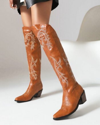 Embroidery Sleeve Western Cowboy Boot Chunky Heel High Heel