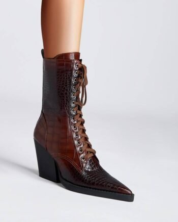 Retro Pointed Stone Pattern Chunky Heel Simple Lace High Heels Fashion Boots